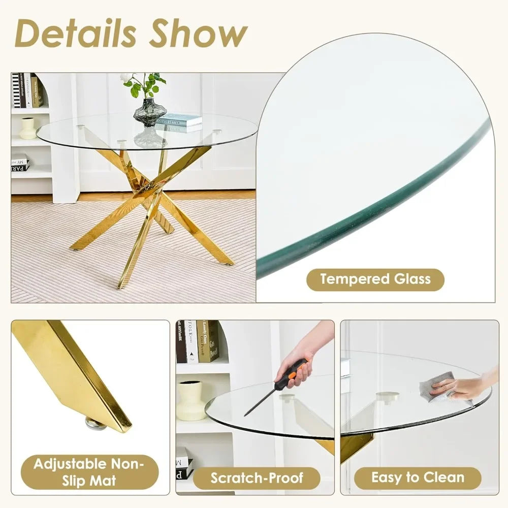 47 Inch round Glass Dining Table for 4 Clear Tempered Glass Top Gold Metal Legs Circle Dining Table