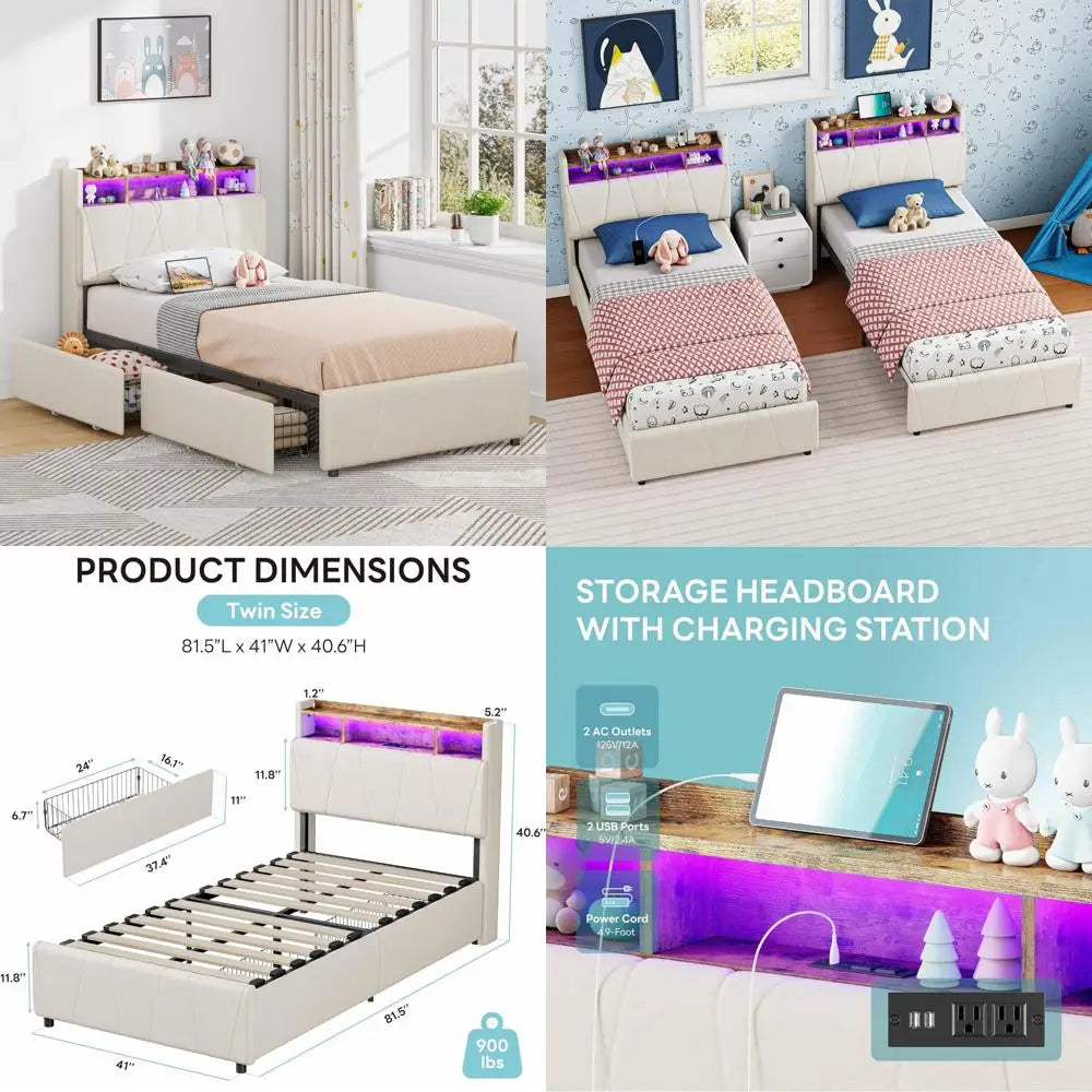 Upholstered Twin Bed Frame with Storage Drawers, Charging Station, LED Lights, and Storage Headboard