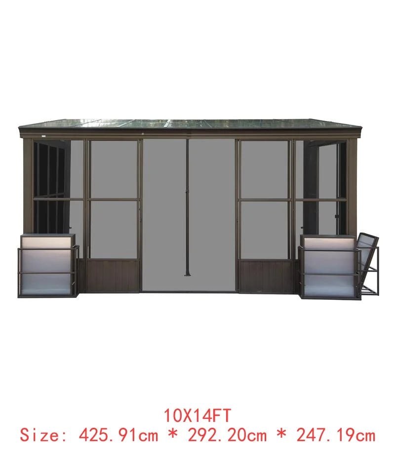 10x14FT All-Season Sunroom, Permanent Wall-Mounted Solarium with Detachable Polycarbonate Windows, Aluminum Lean-to Gazebo, 2