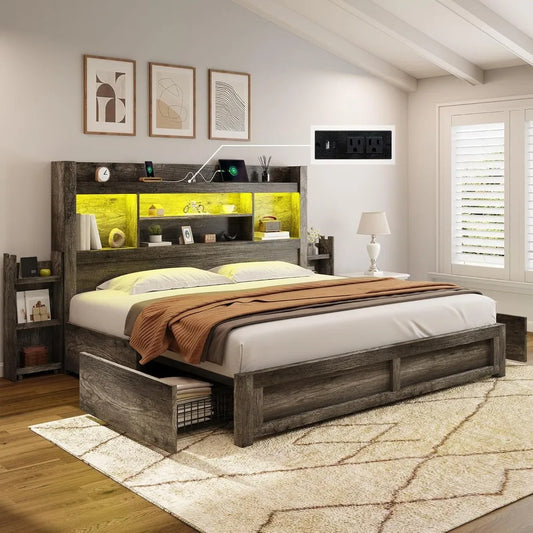 King Size Bed Frame with 4 Storage Drawers, LED Bed Frame with 49“ Tall Bookcase Headboard, Wood Platform Bed with Charging