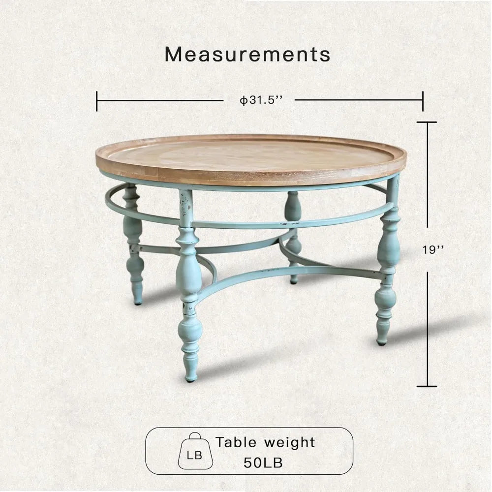 Rustic Farmhouse Round Coffee Table, French Country Vintage Center Table,φ31.5'' x18.9''H Rustic Solid Wood with Vintage Iron Le