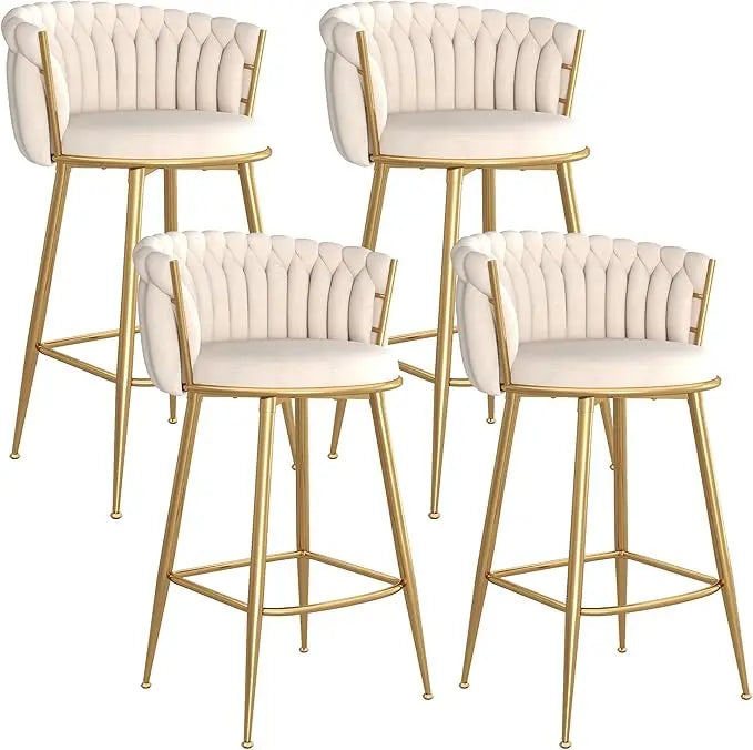 Modern Bar Stools Set of 4, Handmade Woven Back Armrest, Sturdy Golden Metal Legs for Home Dining Kitchen Island, Beige