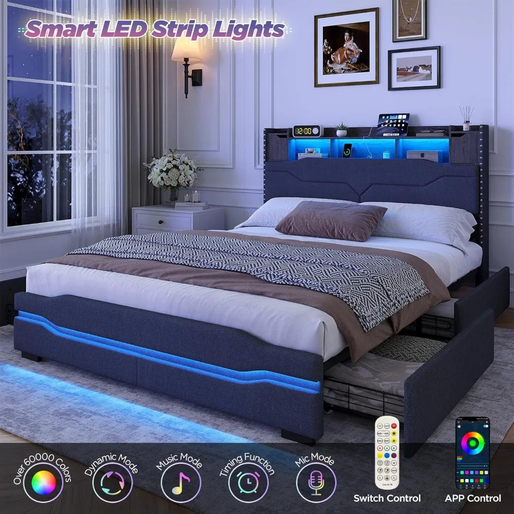 Maupvit Queen Size LED Bed Frame with Storage, 4 Drawers, Charging Station, Metal Base, No Box Spring Required