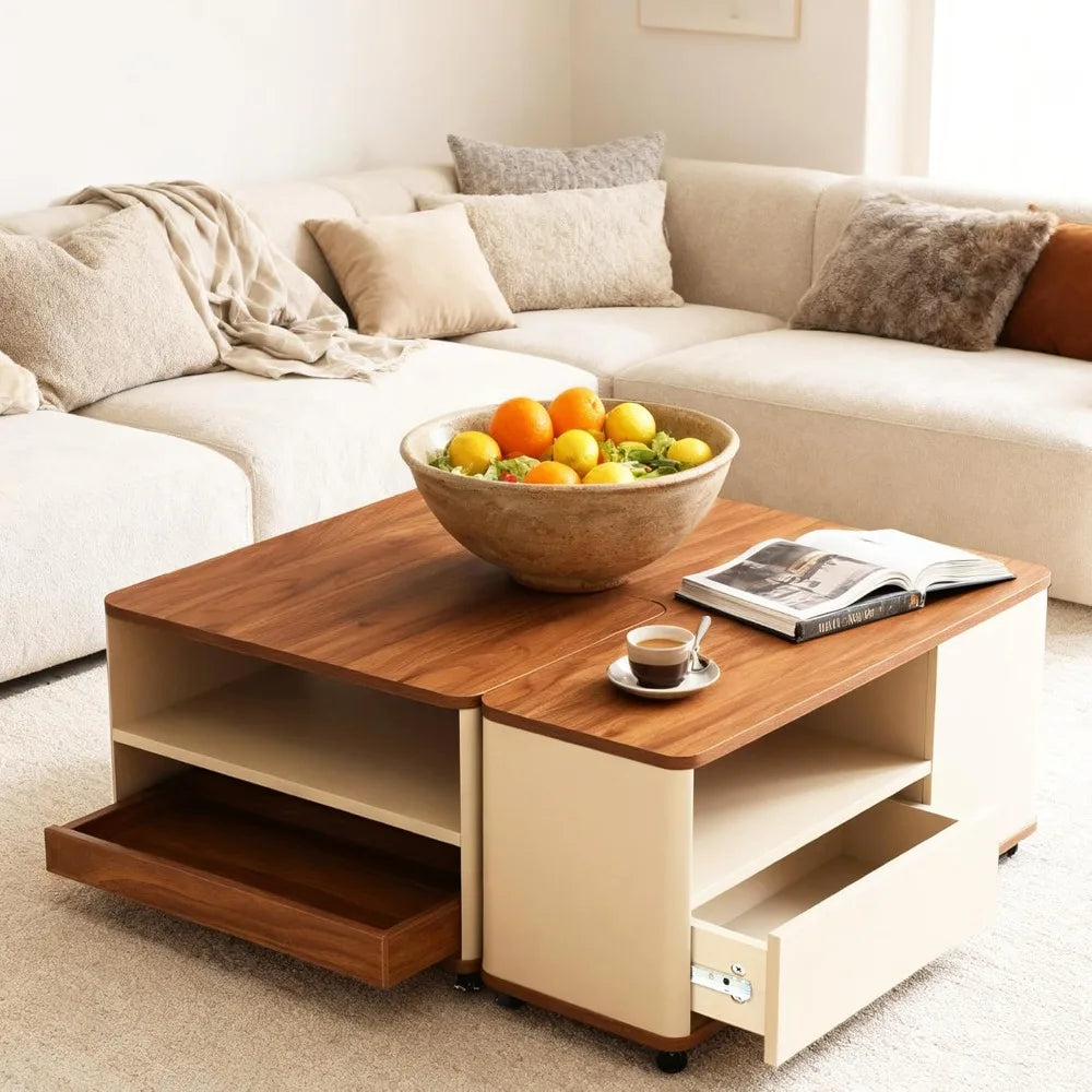 Farmhouse Coffee Tables for Living Room, Unique Coffee Table with Wheels & Storage, Wood Large Convertible Center Table