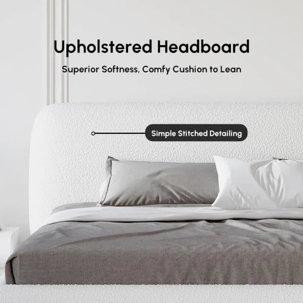 Homary King Upholstered Headboard White Boucle Platform Bed Frame, 88.6 W x 93.7 L, Fits Mattress 76 W x 80 L