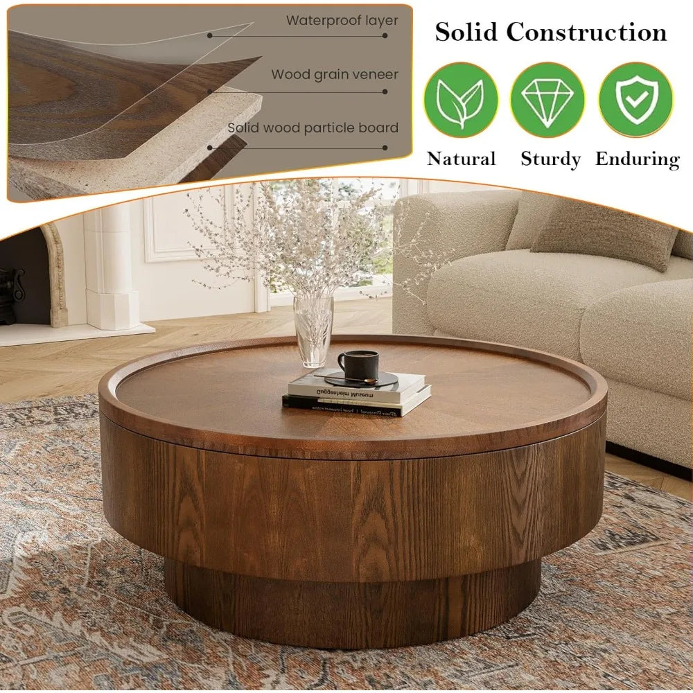 Mid-Century Modern Round Coffee Table with Hidden Storage, Solid Wood Veneer Center Table for Living Room