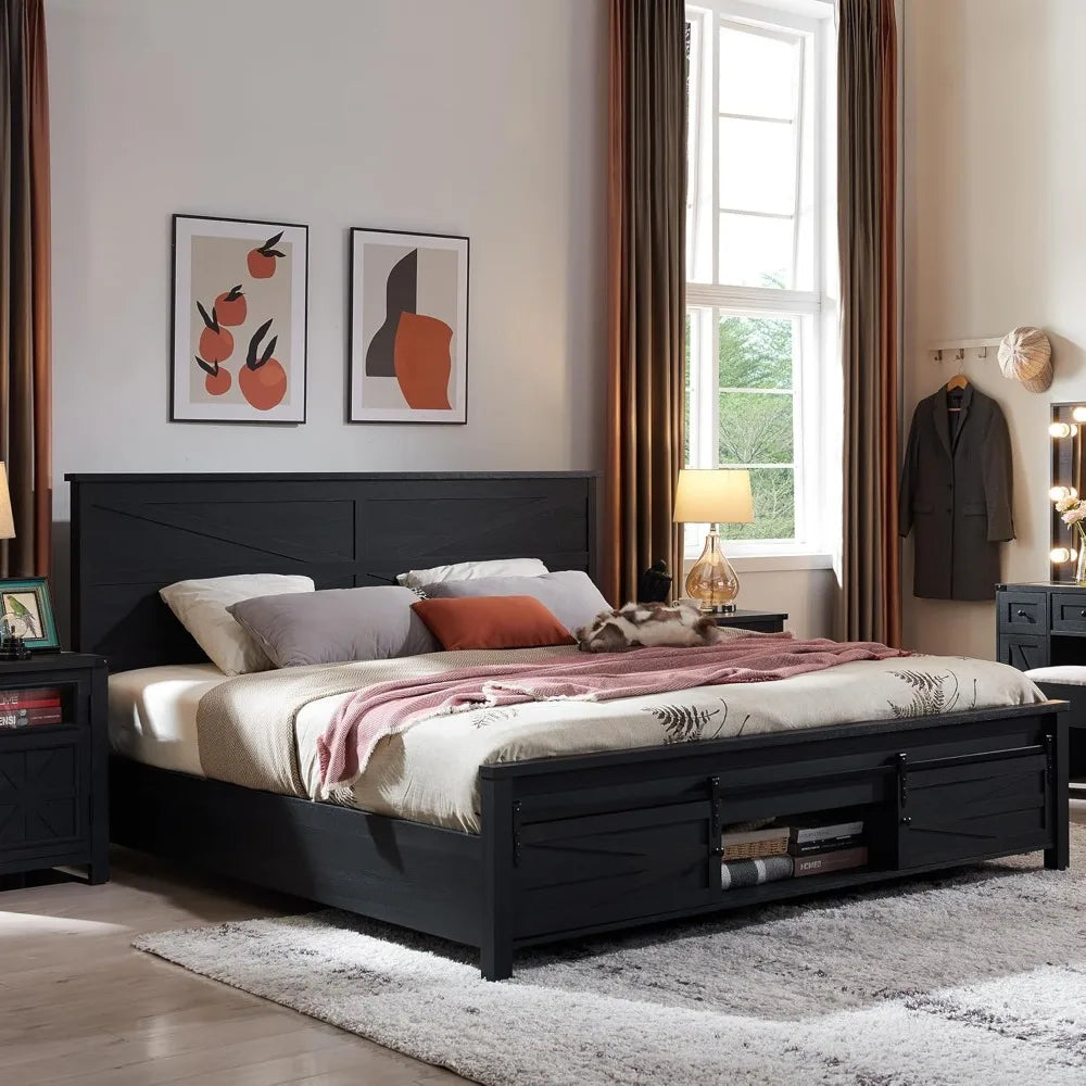 JXQTLINGMU Farmhouse Wood Bed Frame King Size with Sliding Barn Door Storage Cabinets and Headboard, Solid Wood Slats Support, N