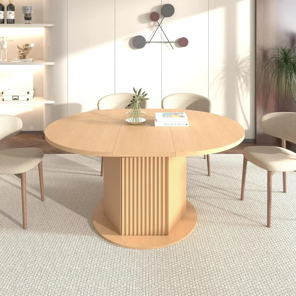 63" Round Extendable Dining Table, Expanding Dining Room Table for 10, Farmhouse Wooden Kitchen Extendable Table Oval Top