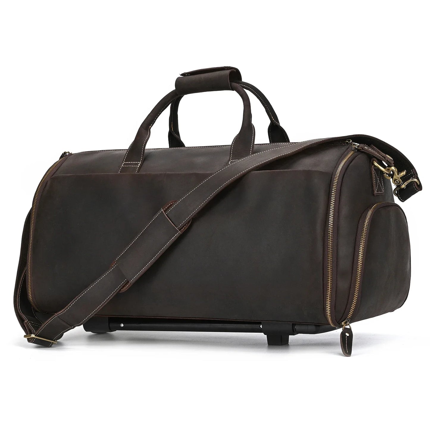 Large Capacity Tolley Case Genuine Leather Handbag with Roller Trolley Bag for Men Male Shoulder Bag for Business with Shoe Bag