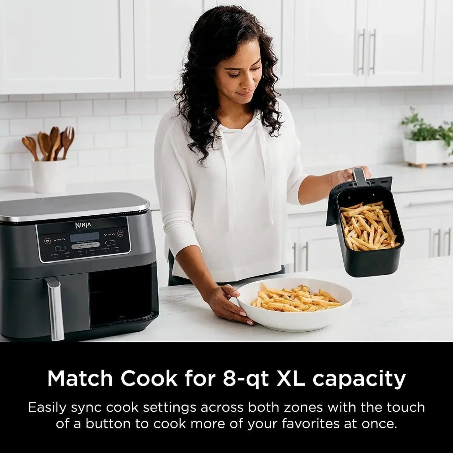 DZ201 Foodi 8 Quart 6-in-1 DualZone 2-Basket Air Fryer with 2 Independent Frying Baskets, Match Cook & Smart Finish to Roast, Br