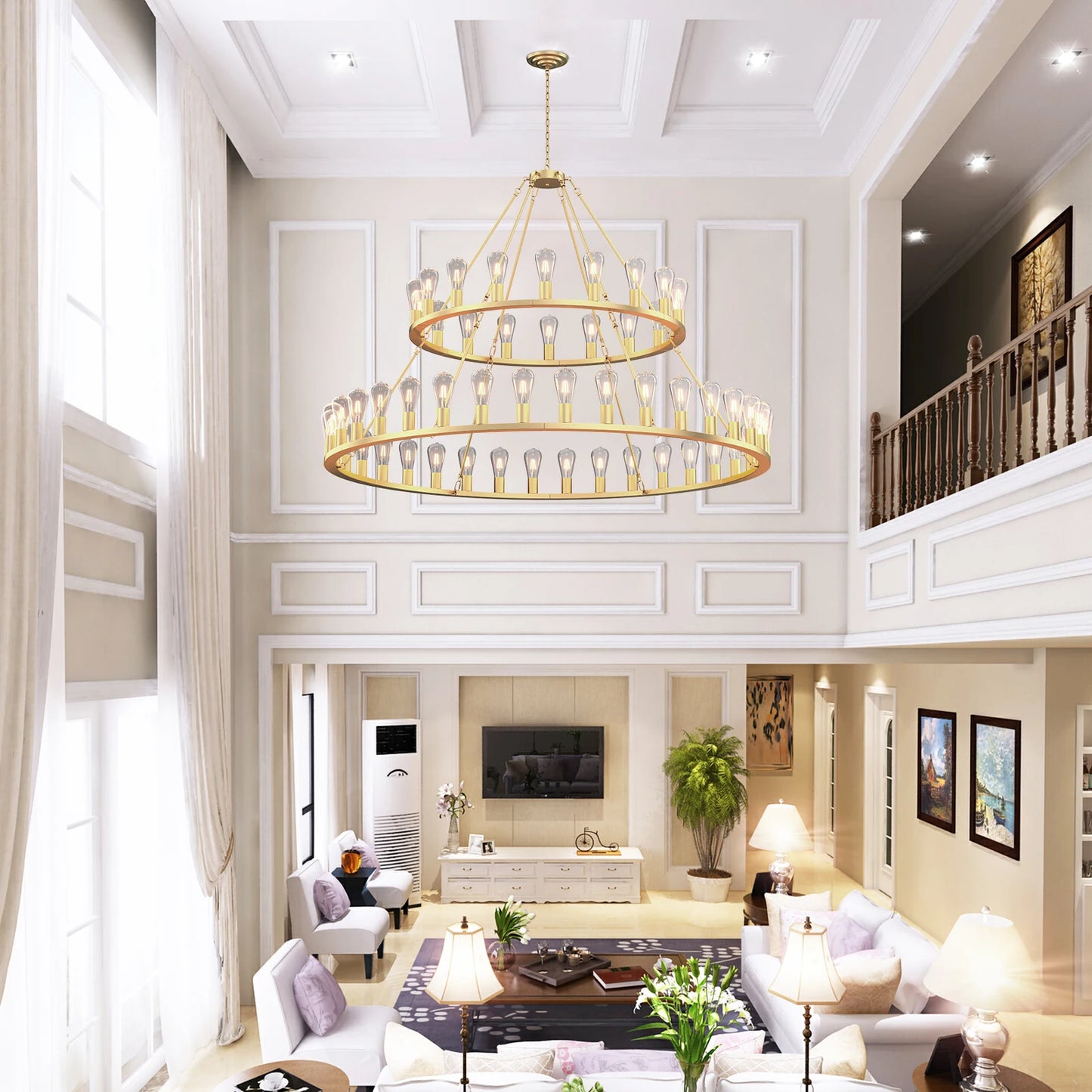 Gold Wagon Wheel Chandelier 60-Inch 54-Light,Extra Large Circle Rustic Farmhouse Light Fixture,Round Metal Chandeliers for Foyer