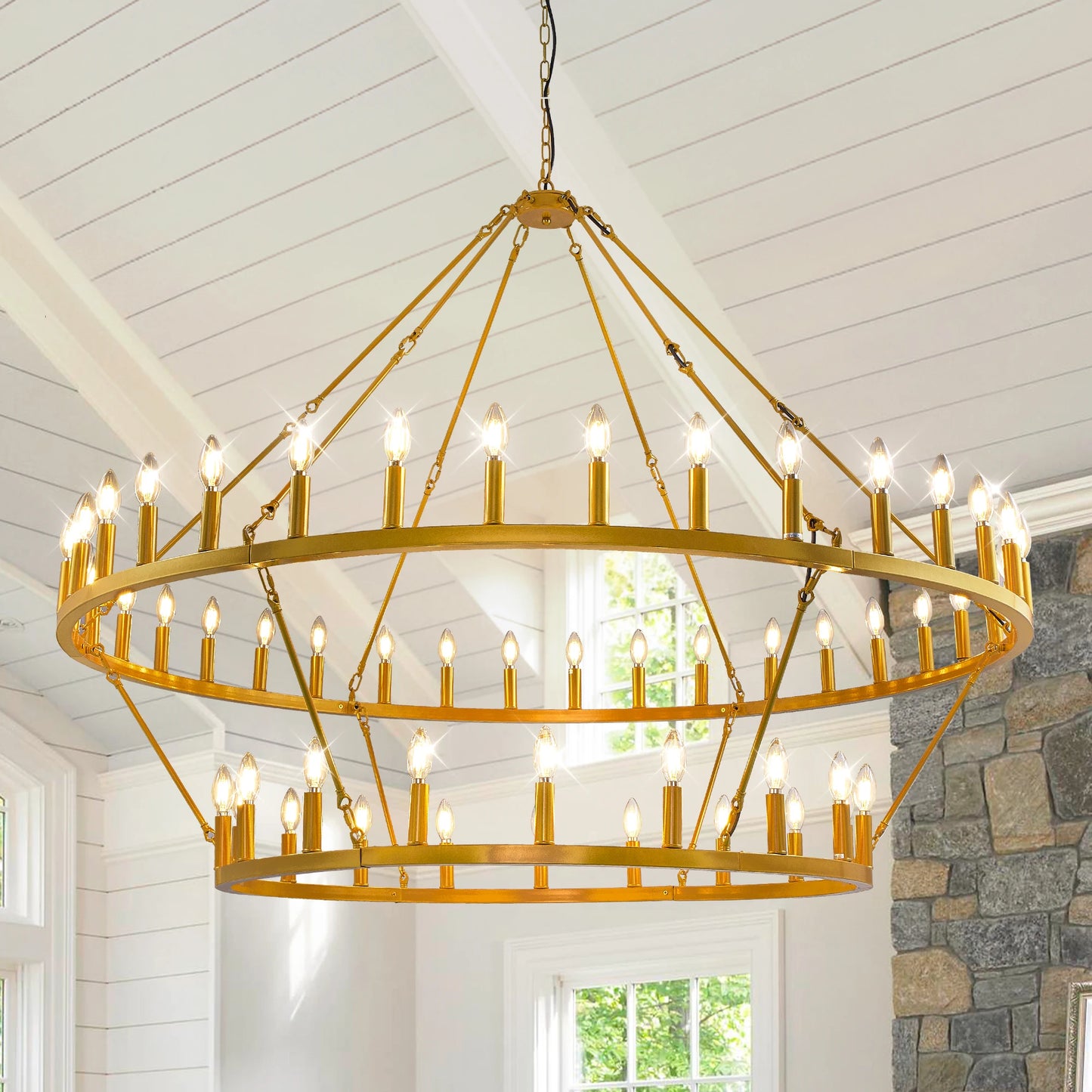 59.84'' 54-Lights Candle Dimmable Two Tiers Wagon Wheel Chandeliers Modern Rustic Farmhouse Pendant Light Chandelier