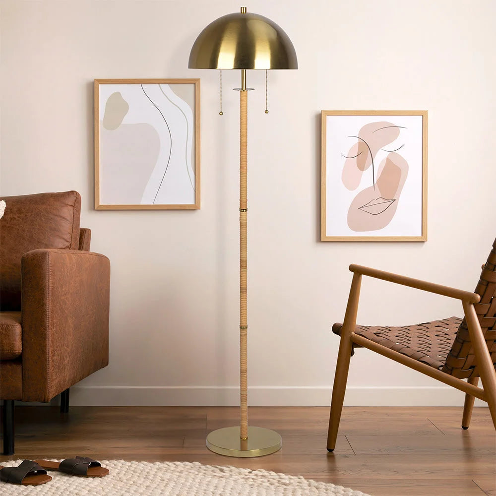 Allure 2-Light Floor Lamp Gold Brass Natural Rattan Tube Double on/Off Pull Chain