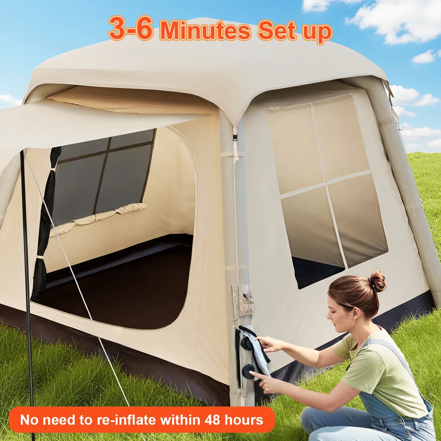 Automatic Inflatable Camping Tent，Easy Set up 3-6 Person Glamping Outdoor Air Blow Up Tents,Equipped with a built-in air pump