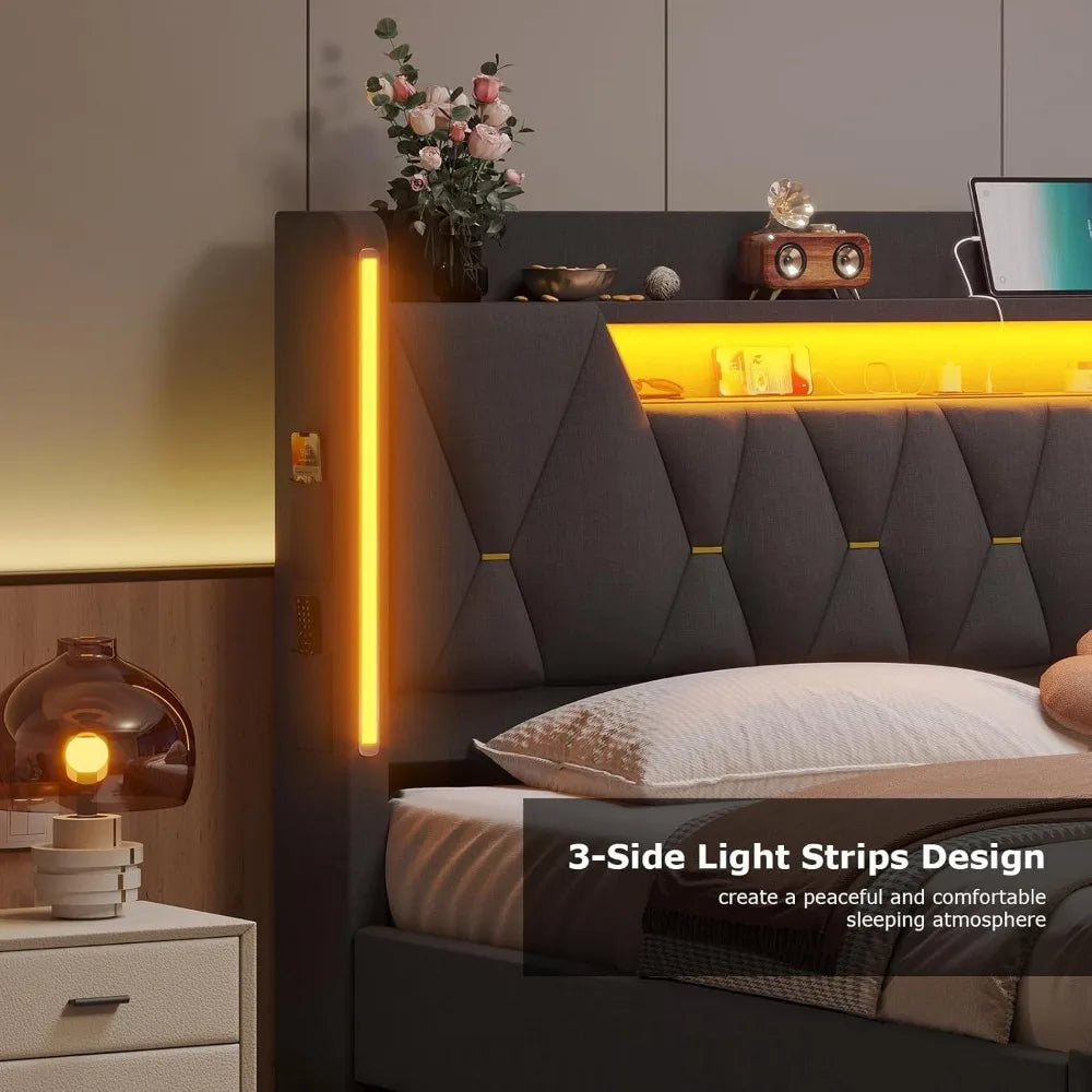 king size bed frame with marshmallow headboard and storage, king bed with led lights & charging station, upholstered platform ki