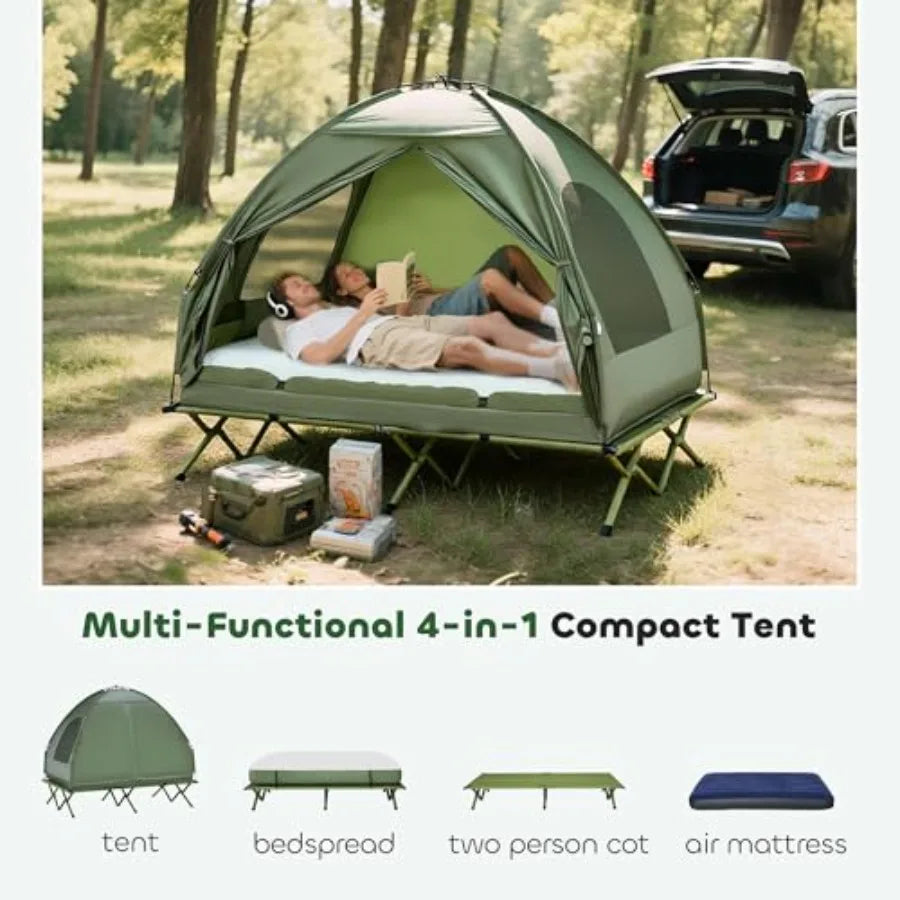 2Person Tent Cot 4in1 Folding Tent Combo with Air Mattress Foot Pump Carry Bag Off Ground Travel Cot for Camping Hiking Backpac