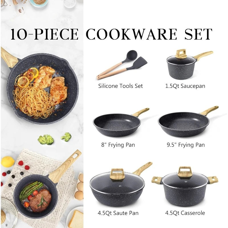Pots and Pans Set Non Stick - 10 Pcs White Granite Kitchen Cookware Sets Nonstick Induction Cookware Cooking Pan