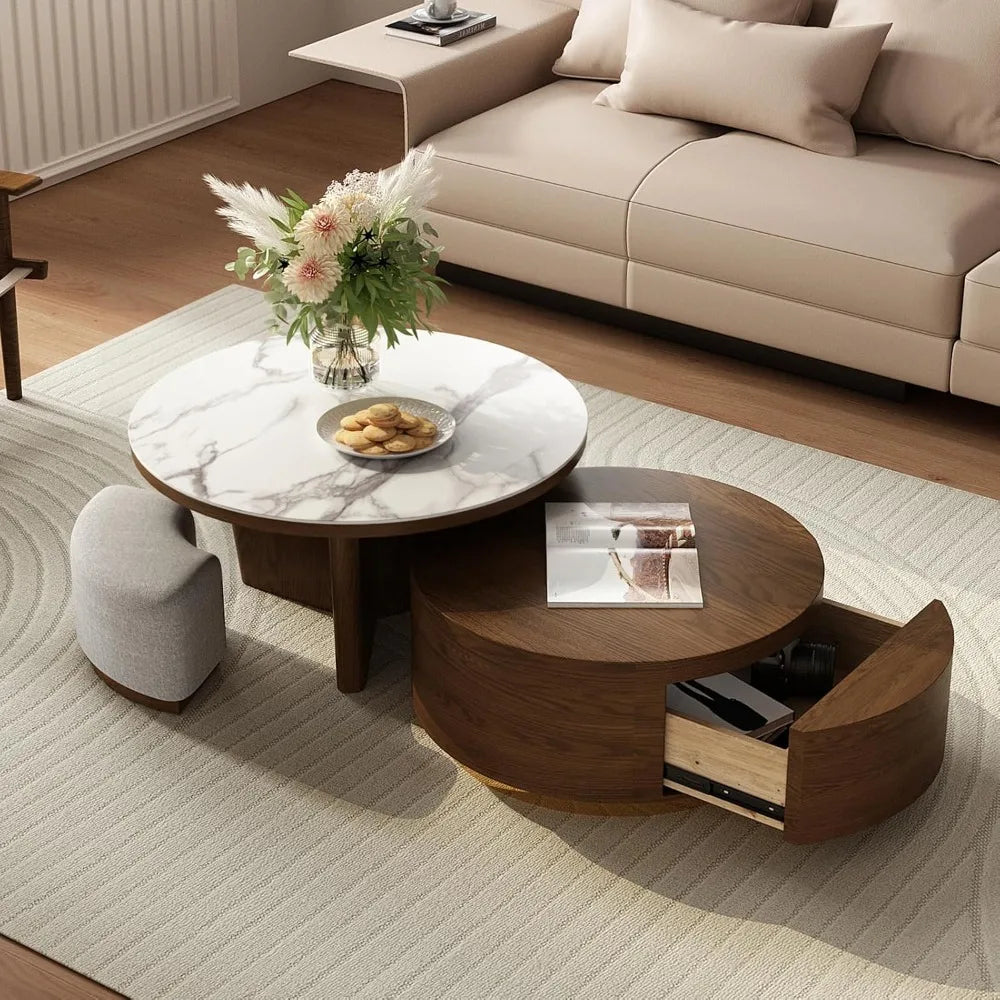 Coffee Table Set 2 -Walnut Coffee Table with Drawer and Stools - Marble Circular Stone Tabletop Modern Design Round Coffee Table