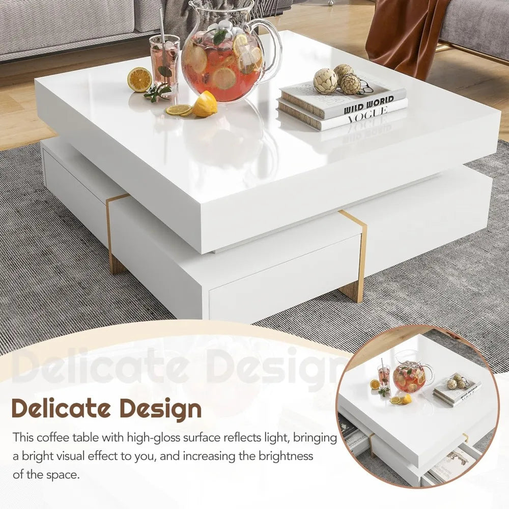 Modern Coffee Table with Storage, Contemporary Square Coffee Table with Drawers, High Gloss Modern Center Table for Living Room