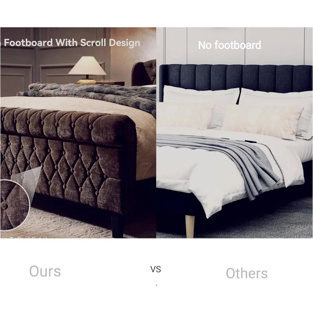 Queen Size Sleigh Bed Frame with Wingback Headboard, Chenille Upholstered Platform Bed Frame with Scroll Footboard, Button Tufte