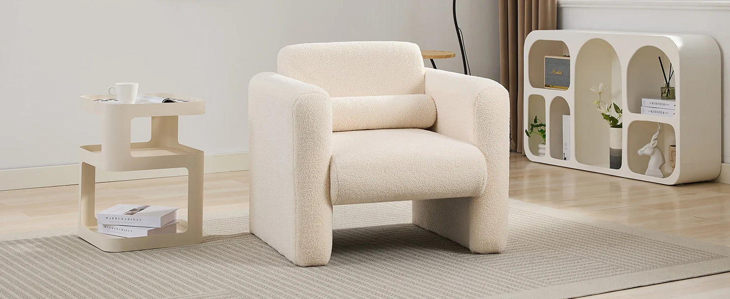 Modern Accent Chair Lambskin Sherpa Fabric Upholstered Comfy Reading Armchair with Pillow