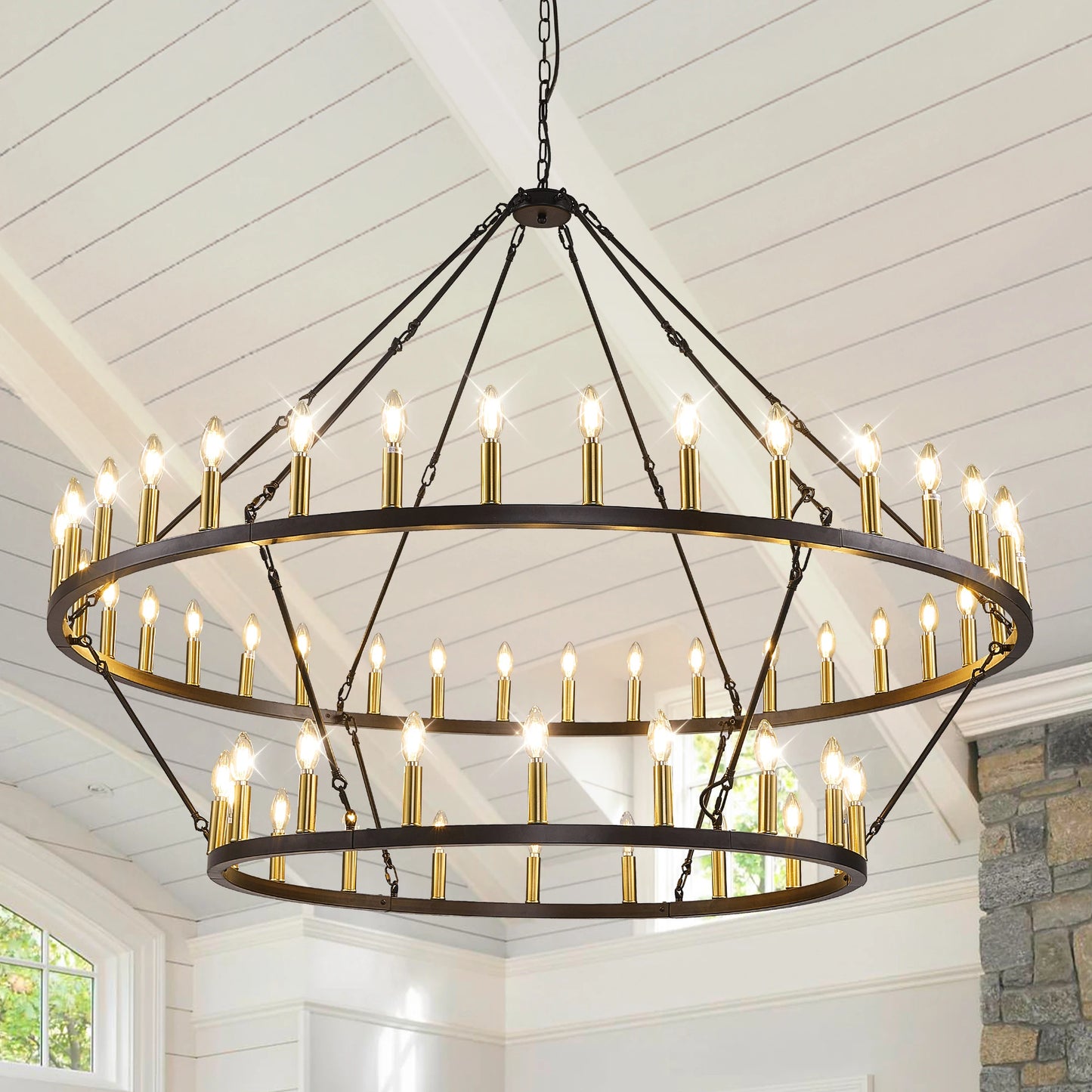 59.84'' 54-Lights Candle Dimmable Two Tiers Wagon Wheel Chandeliers Modern Rustic Farmhouse Pendant Light Chandelier