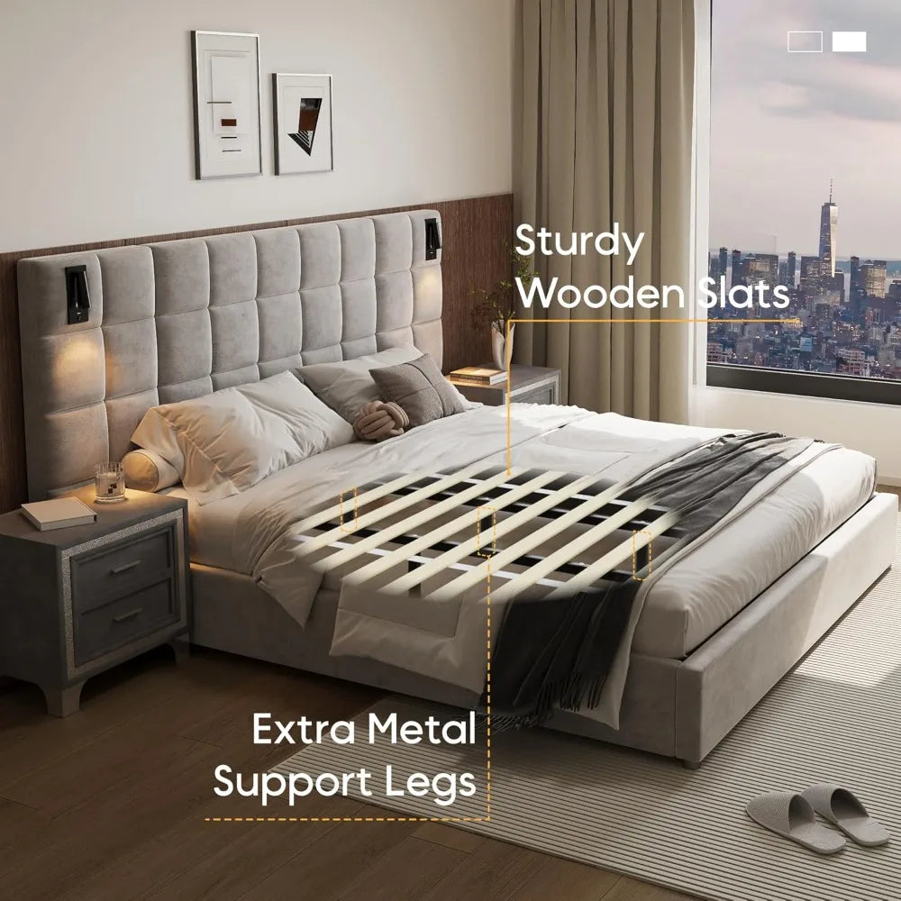 King Platform Bed Frame with Headboard, Elegant Velvet Upholstered Bed with Grid Pattern Padded Headboard, 2 LED Wall Sconces &