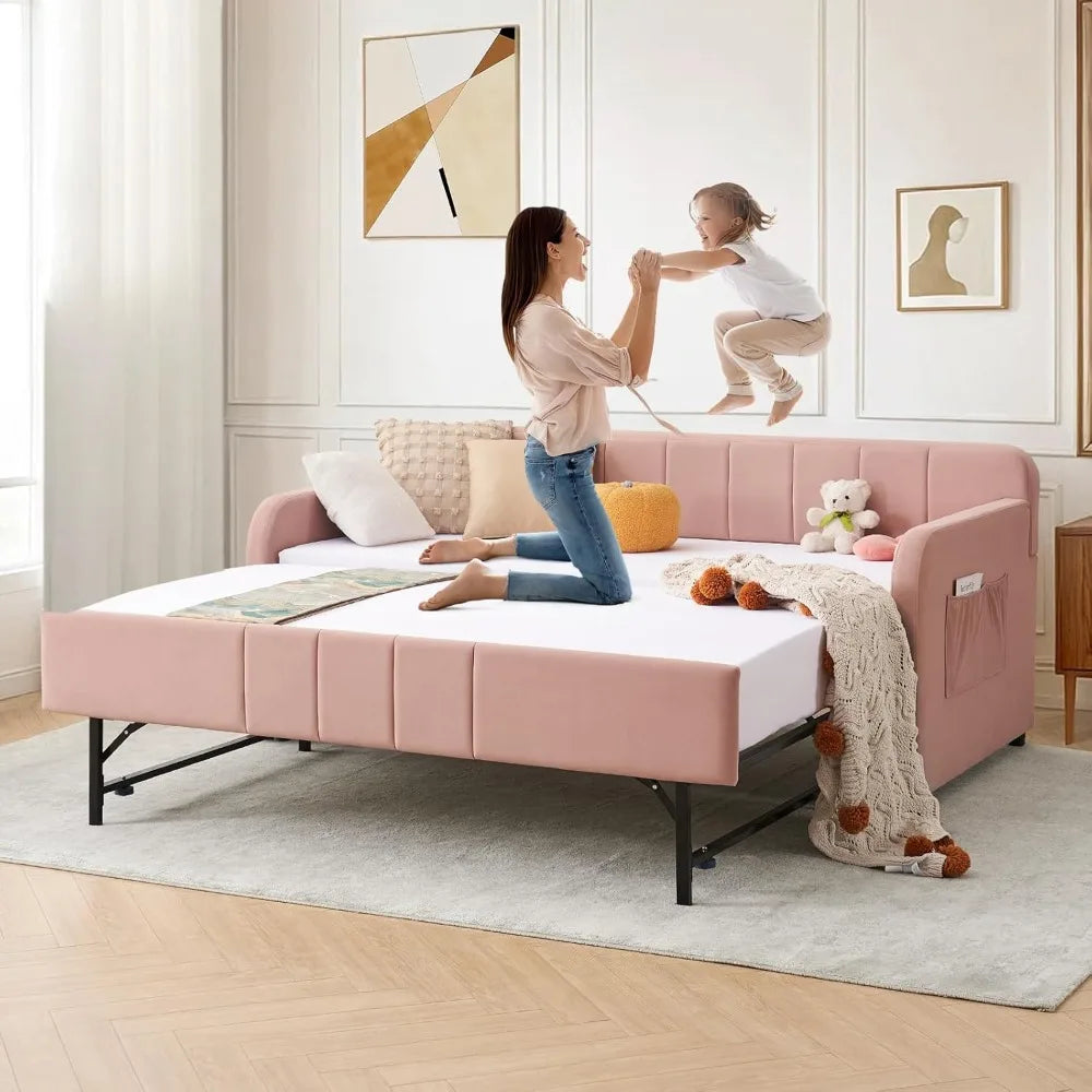 Twin Size Daybed with Pop Up Trundle Bed,Velvet Twin to King Size Day Bed Frame with USB Ports&Side Pockets,Upholstered Extendab