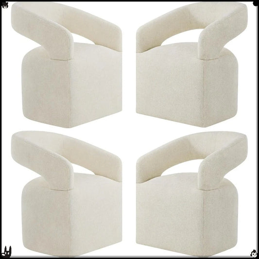 4-PC Upholstered Dining Chairs with Casters, Barrel Armchair Roller Chairs Cream Beige Set