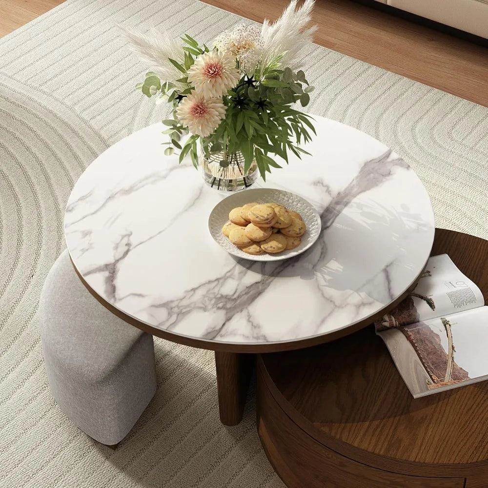 Coffee Table Set 2 -Walnut Coffee Table with Drawer and Stools - Marble Circular Stone Tabletop Modern Design Round Coffee Table