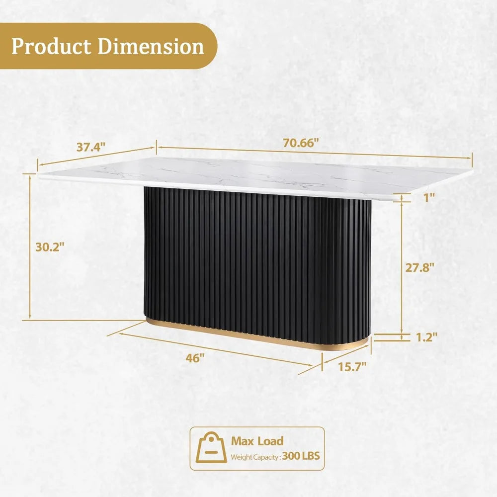 70" White Rectangular Faux Marble Dining Table with Black Fluted Base for 6, Suitable for Kitchen and Reception