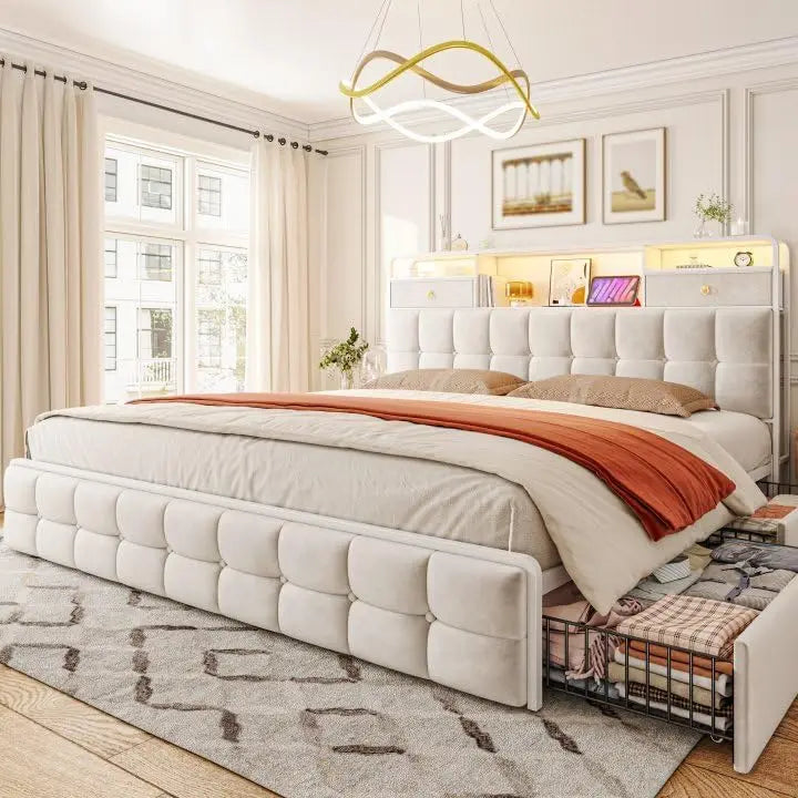 King Size Bed Frame with 4 Drawers and Storage Headboard, King Bed Frame Built in Charging Station and LED Lights, No Noise