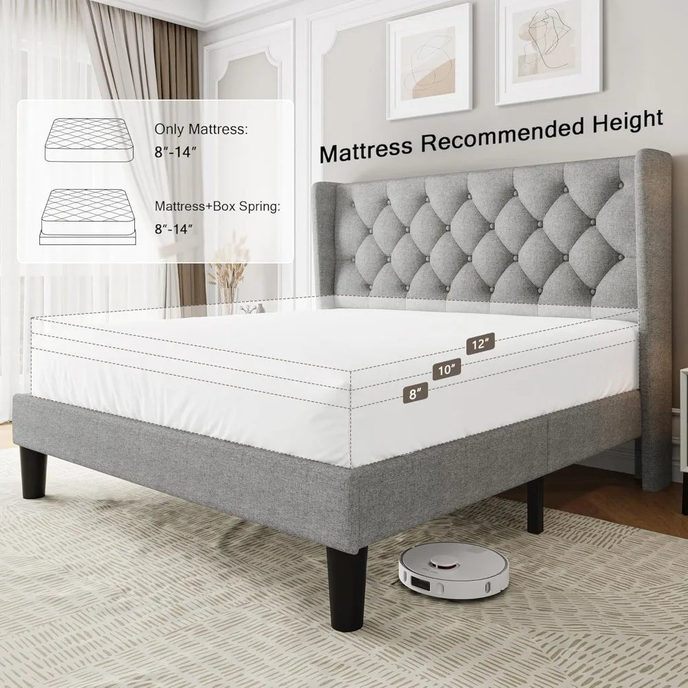Full Size Upholstered Bed Frame with Wingback Headboard, Fabric Linen Platform Bed, 8" Under Bed Storage, Wooden and Metal Slats