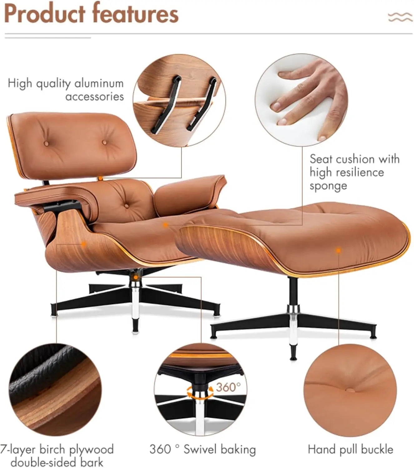 Mid Century Chaise Lounge Chair with Ottoman, Top Black Grain Leather,Modern Office Chair Classic Design,Heavy Duty Base Support