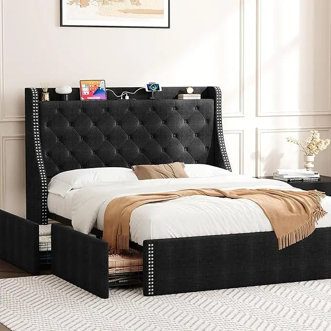 Upholstered Queen Bed Frame with 4 Storage Drawers，Wingback Headboard with Charging Station, Diamond Stitched Button Tufted Desi