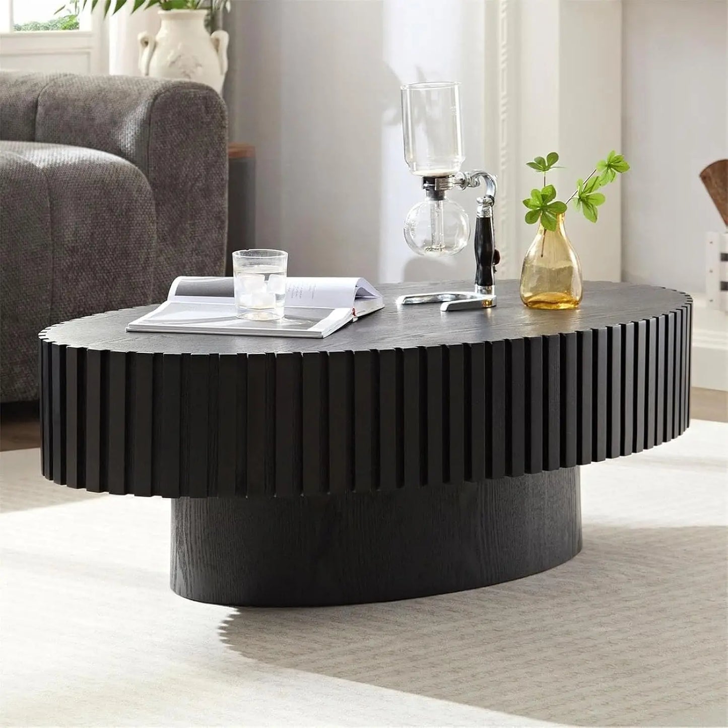 Mid-Century Modern Round Coffee Table with Hidden Storage, Solid Wood Veneer Center Table for Living Room