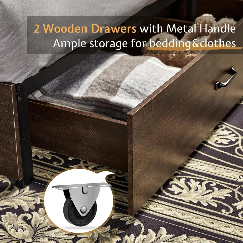 VanAcc Queen Size Bed Frame, Wooden Platform Storage Bed with 51.2" Bookcase Headboard, 2 Drawers, Charging Station/No Box Sprin