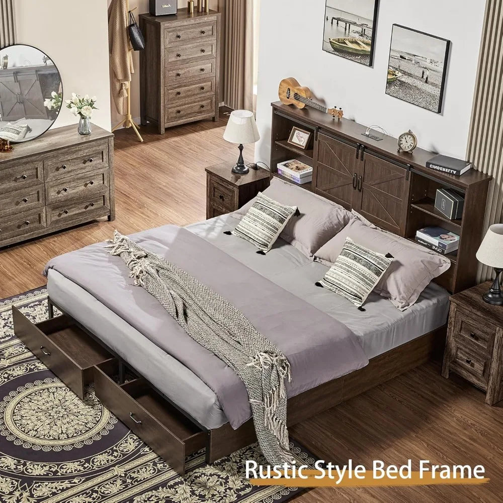 VanAcc Queen Size Bed Frame, Wooden Platform Storage Bed with 51.2" Bookcase Headboard, 2 Drawers, Charging Station/No Box Sprin