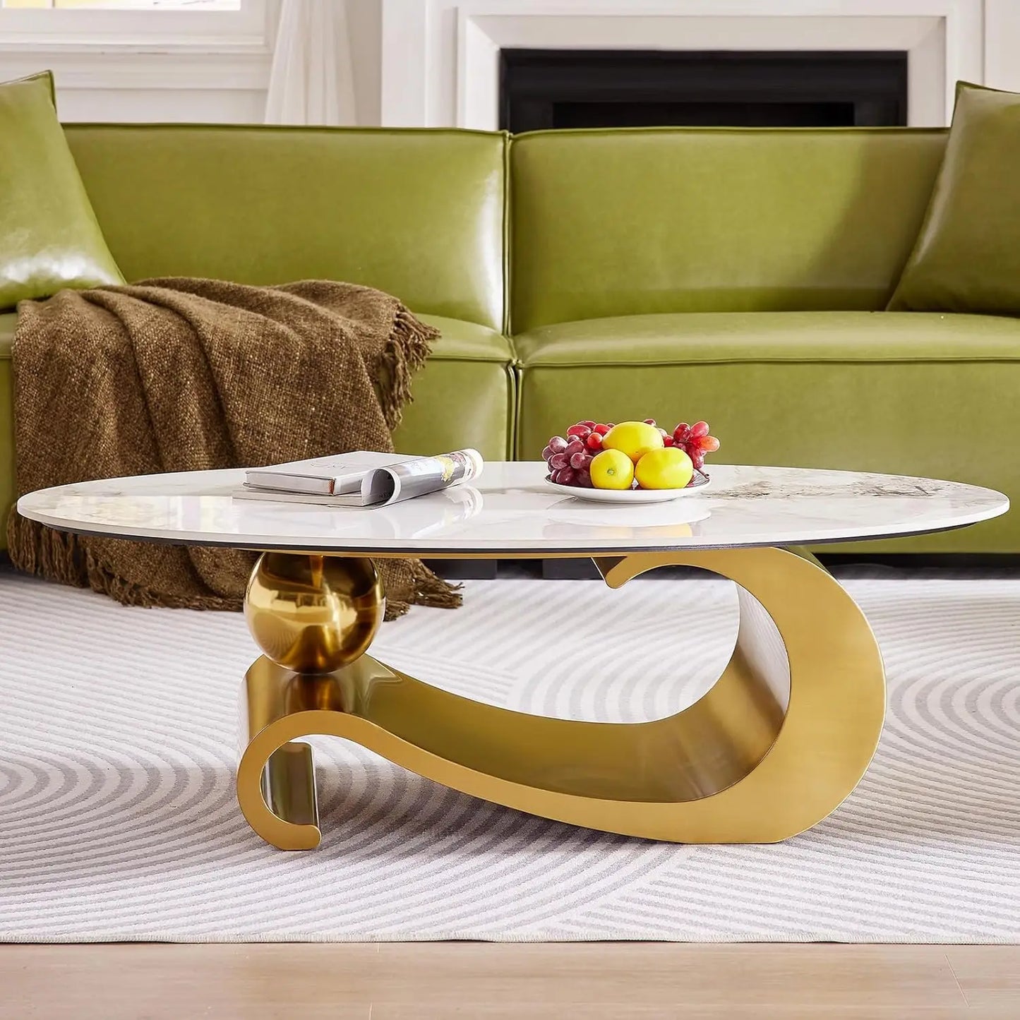 Modern Oval Stone Coffee Table with Gray Metal Base - Elegant Centerpiece for Stylish Living Rooms - 49.2" Lx27.6 Wx15.8 H