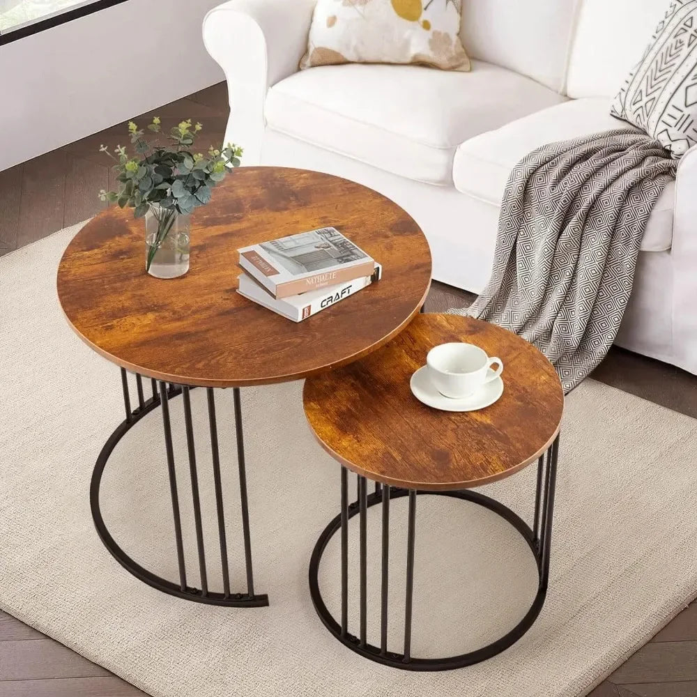 Nesting Coffee Table Set of 2, Round Table, Morden End Side Table Night Stand for Bedroom Dining Room (Brown)