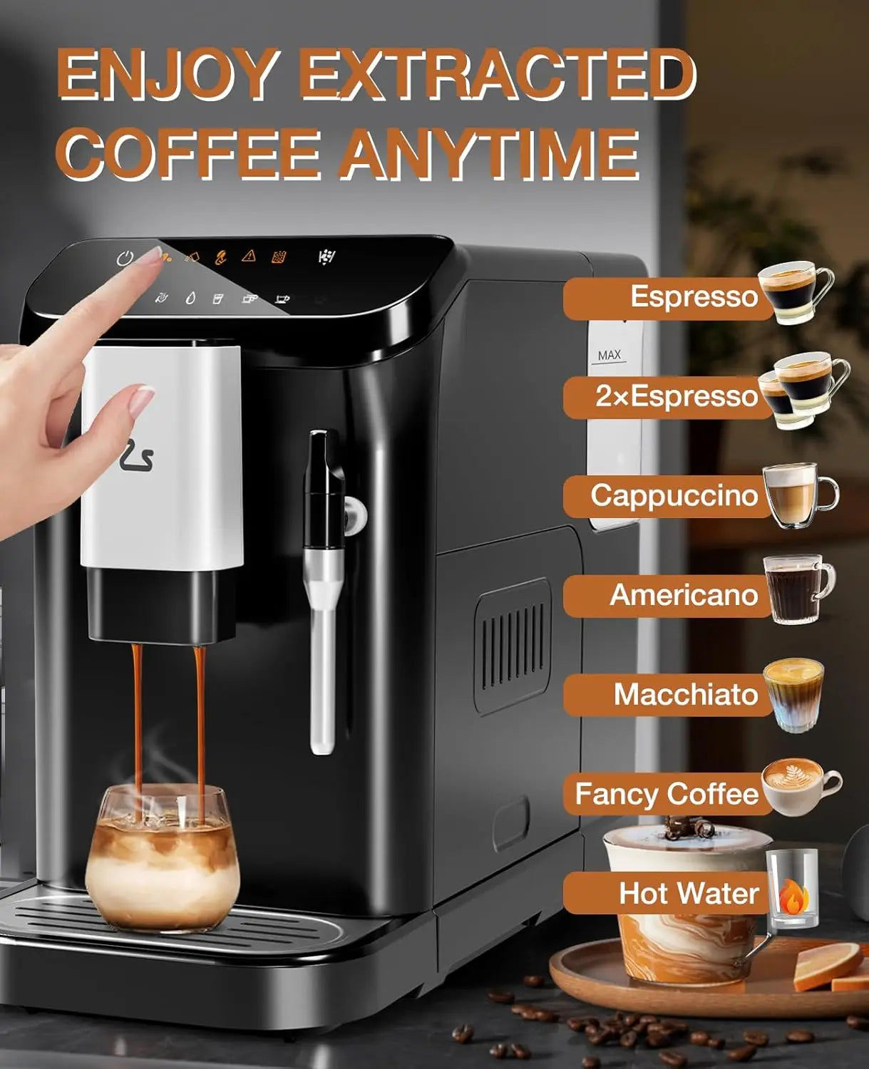 Fully Automatic Espresso Machine with Grinder and Milk Frother Touchscreen Control 20 Bar Pressure One-Touch Latte & Cappuccino