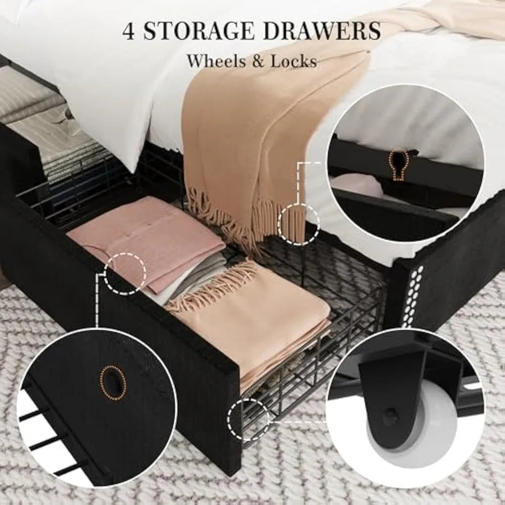 Upholstered Queen Bed Frame with 4 Storage Drawers，Wingback Headboard with Charging Station, Diamond Stitched Button Tufted Desi