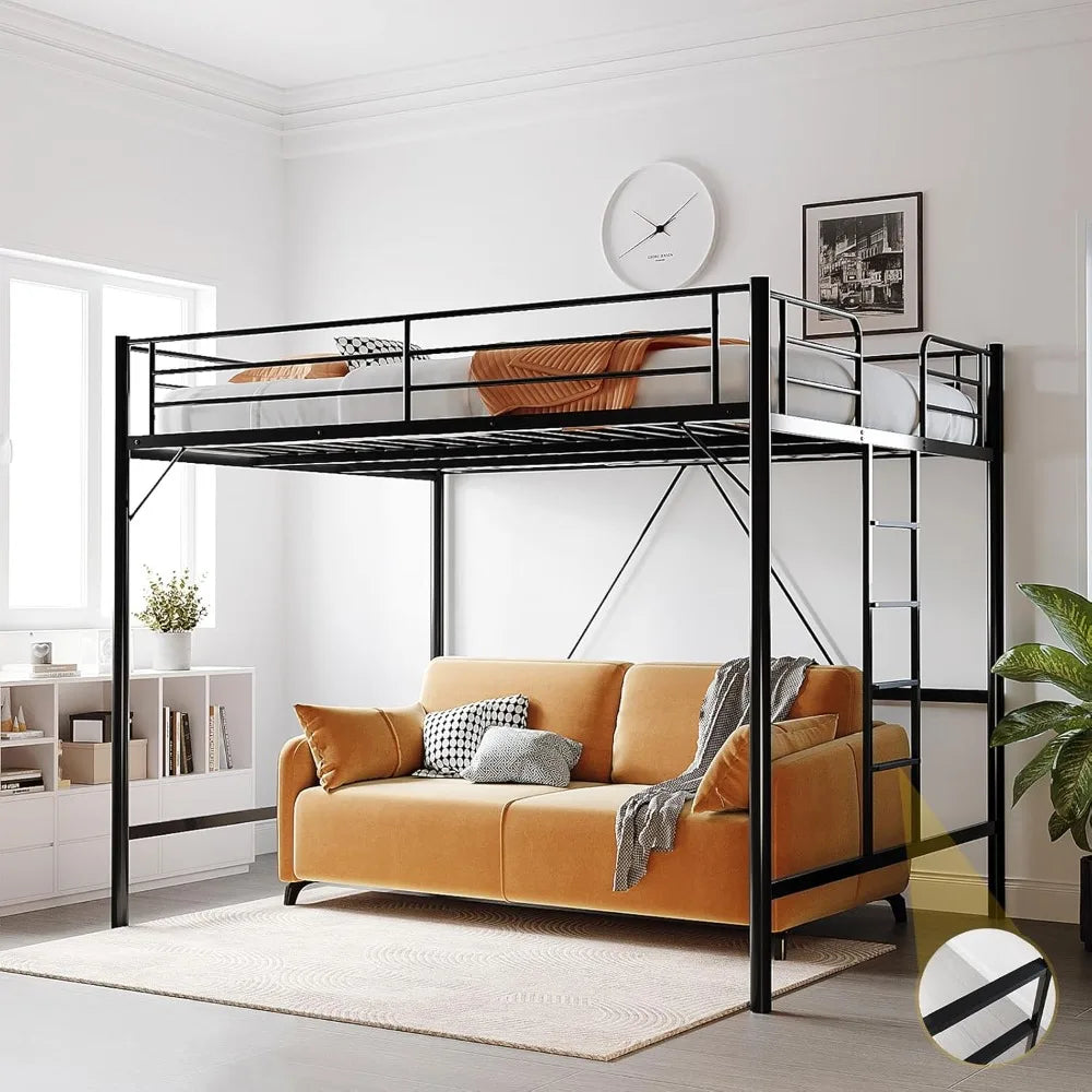 Queen Loft Bed with Flat Rungs for Adults, Kids and Young Teens, No Box Spring Required, Heavy Duty Metal Slat Support