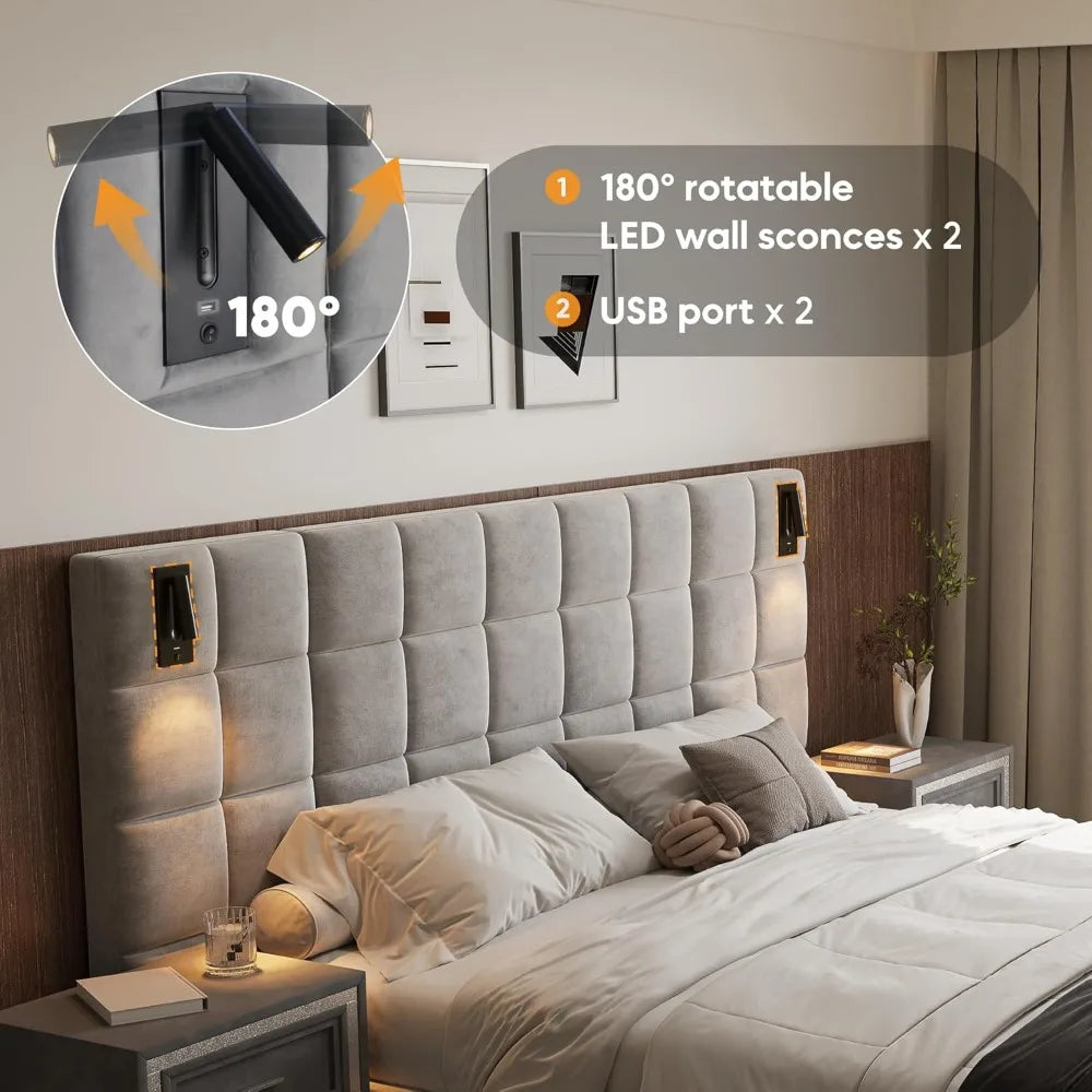 King Platform Bed Frame with Headboard, Elegant Velvet Upholstered Bed with Grid Pattern Padded Headboard, 2 LED Wall Sconces &