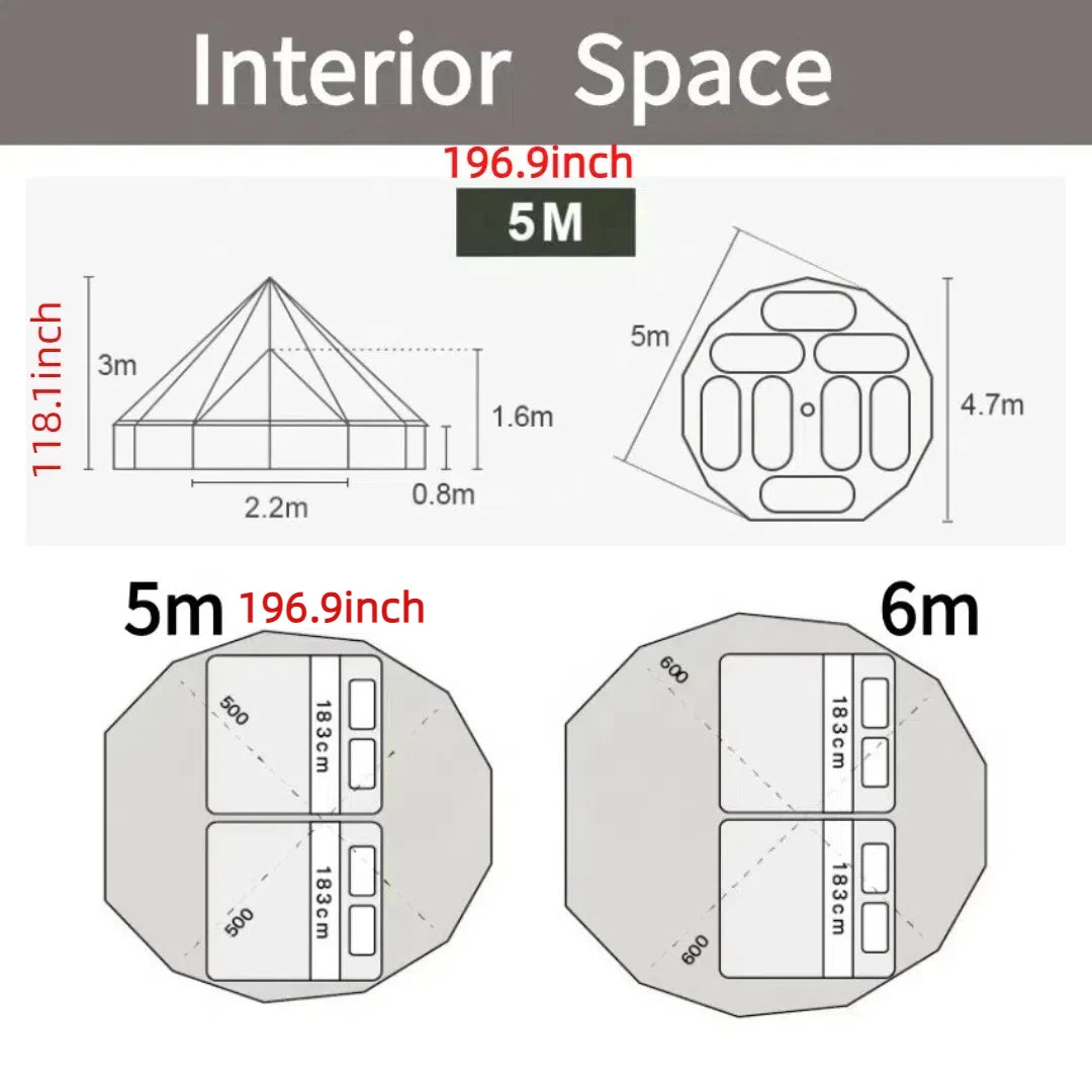 5M Luxury Camping Yurt – 4-Season, 5-8 Person, Heavy-Duty Cotton & Steel Frame – Waterproof 3000mm (37kg)