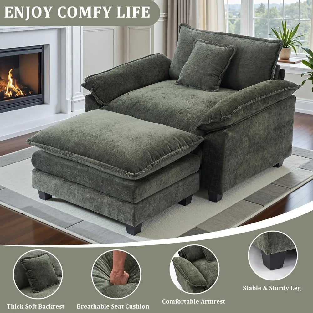 Oversized Accent Chair with Ottoman,Oversized Chaise Lounge Chair Indoor with Deep Seat，Reading Chair Comfy Chenille Sofa